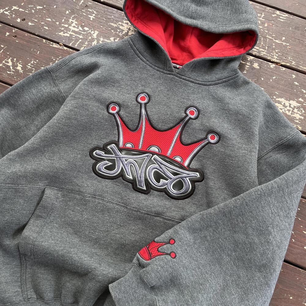 (M) Vintage 90s Y2K JNCO Jeans Tribal Crown Embroidered Hoodie - Picture 3 of 6